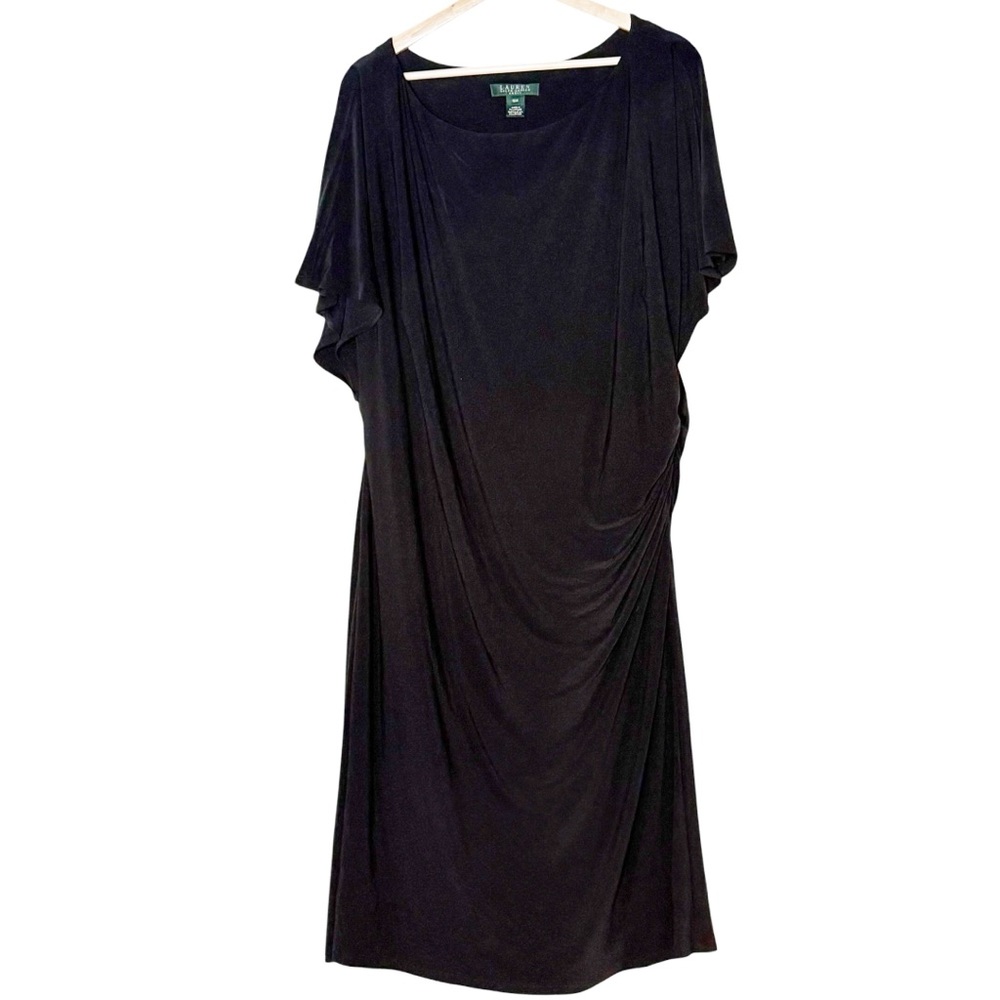 Lauren Ralph Lauren Black Stretch Slinky Knit Ruched Drapey Black Dress 18W